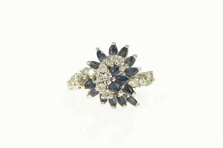 14K White Gold 1.55 Ctw Sapphire Diamond Swirl Retro Statement Ring