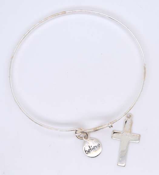 925 Sterling Silver Believe and Cross Charm Bangle