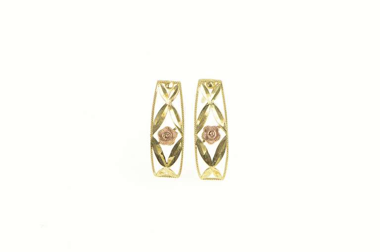 10K Yellow Gold Rose Diamond Cut Leaf Curved Bar Earrings