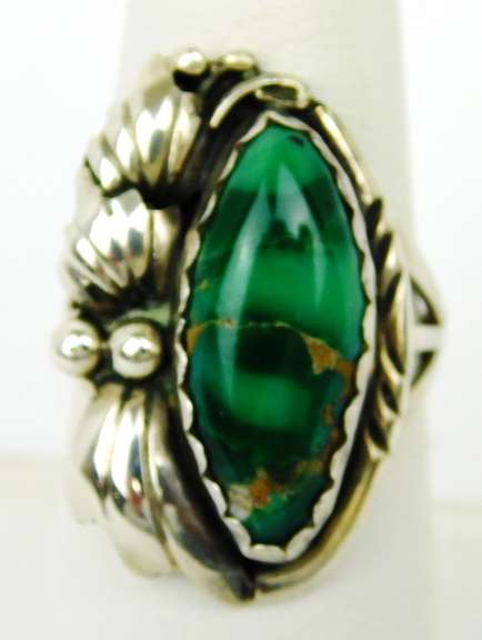 Ornate Sterling Navajo Turquoise Ring, Size 8.25