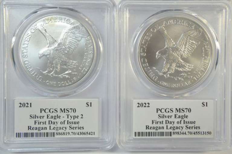 Reagan Signed 1st Day Issue PCGS MS70 2021 & 2022 $1 Eagles
