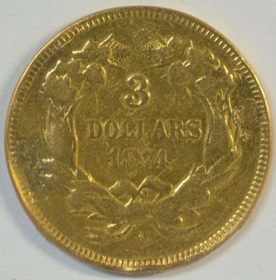 Rare 1874 US $3 Gold Piece, cleaned