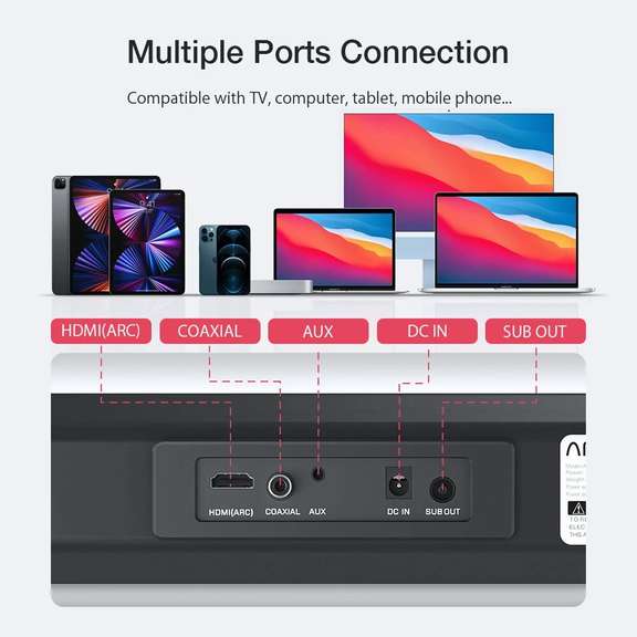 80W Bluetooth Soundbar TV 2.1 Channel Bass Subwoofer