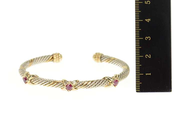 Sterling Silver 14K Two Tone Ruby X Twist Designer Cuff Bracelet