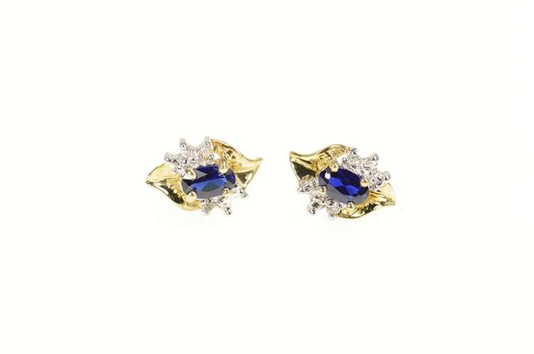 10K Yellow Gold Oval Syn. Sapphire Diamond Classic Stud Earrings