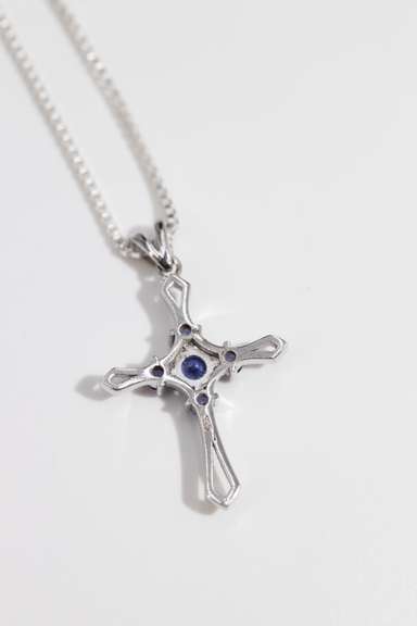 .925 Sterling Silver Cross w/ Tanzanite Gem Stones 38mm x 24mm