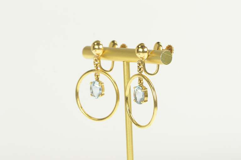 14K Yellow Gold 1950's Blue Topaz Circle Dangle Screw Back Earrings