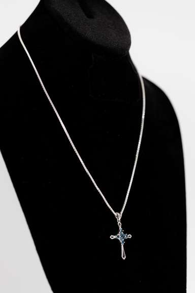 .925 Sterling Silver Cross w/ Natural Blue Topaz Gem Stones 40mm x 24mm