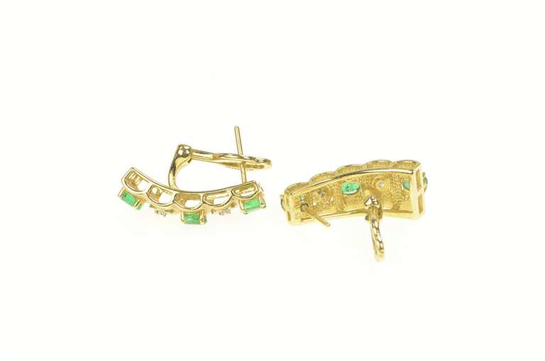 14K Yellow Gold Scalloped Diamond Emerald Statement Bar Earrings
