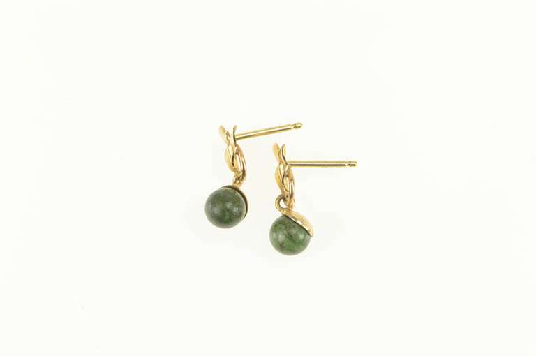 14K Yellow Gold Retro Butterfly Nephrite Sphere Ball Dangle Earrings