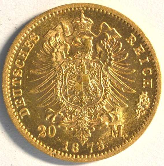 Blazing BU 1873 Germany (Prussia) 20 Marks Gold Piece.