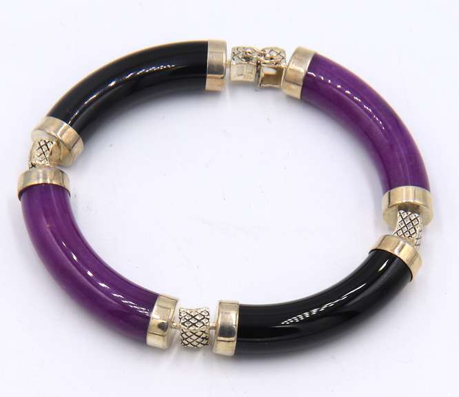 925 Sterling Silver Black Onyx and Jade Bangle Bracelet