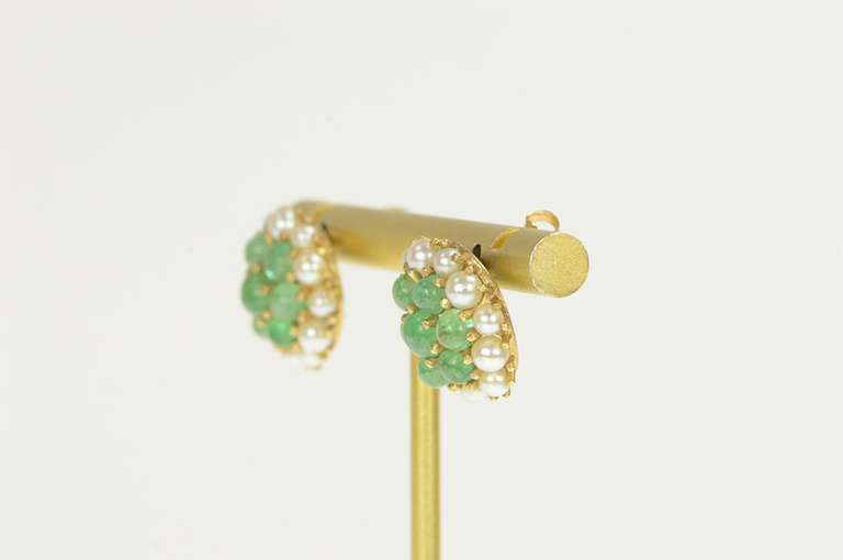 14K Yellow Gold Victorian Emerald Seed Pearl Cluster Stud Earrings
