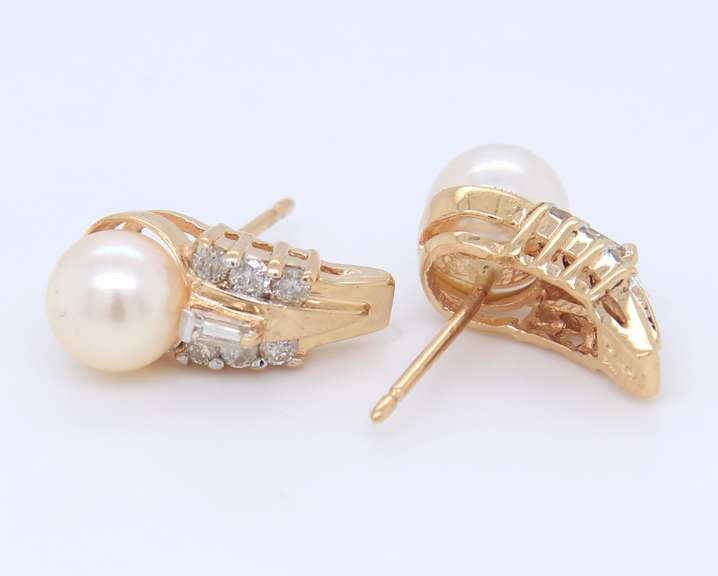 Fantastic Yellow Gold Pearl and Diamond Earrings