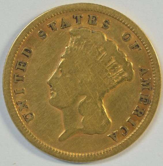 Rare collectible 1854 US $3 Gold Piece. Nice circ