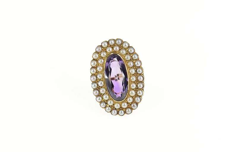 14K Yellow Gold Amethyst Seed Pearl Halo Statement Cocktail Ring