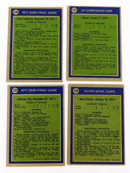4 Topps 1972 Playoffs & Super Bowl Football Cards