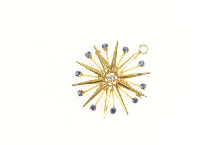 14K Yellow Gold 1950's Diamond Sapphire Sun Burst Star Pin/Brooch
