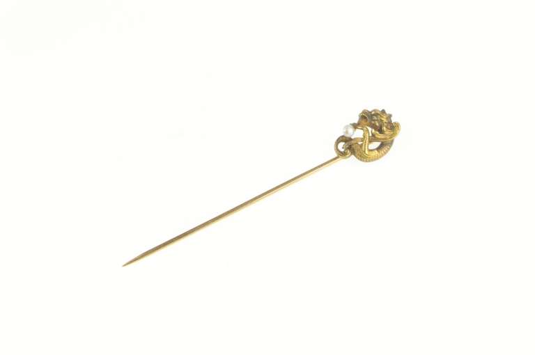 14K Yellow Gold Victorian Dragon Seed Pearl Unique Elaborate Stick Pin