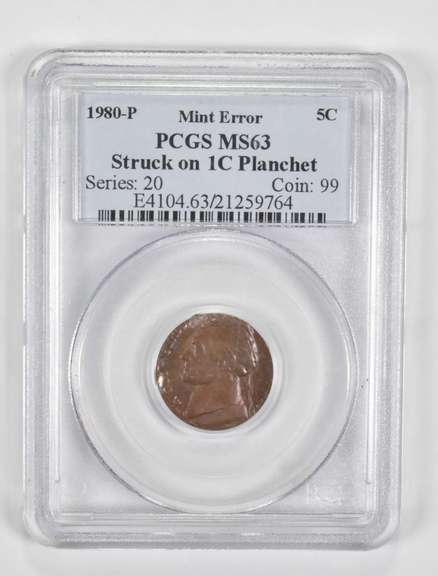 MS63 1980-P Jefferson Nickel - Mint Error Stuck On 1C Planchet - PCGS