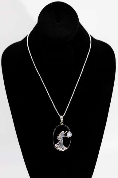 .925 Sterling Silver Pendant w/ Black Onyx & Moon Gem Stones 63mm x 32mm