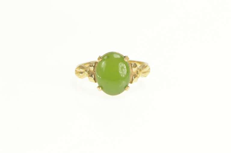 Gold Filled Retro Oval Green Nephrite Bow Accent Ring