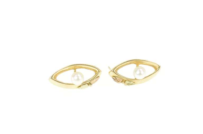 10K Yellow Gold Pearl Black Hills Leaf Oval Statement Earrings