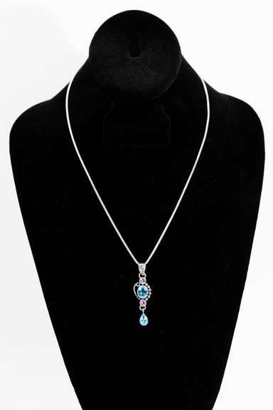 .925 Sterling Silver Pendant w/ Blue Topaz & Amethyst Gem Stones 50mm x 15mm
