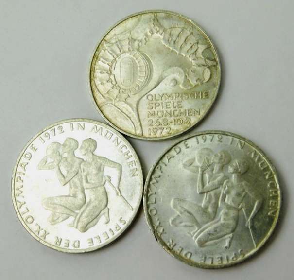 3 German 1972 Olympic 10 Deutsche Mark Coins