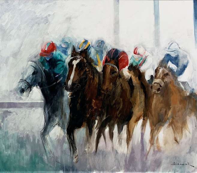 Siamak Etemadi Original Oil on Canvas "Horse Race II"