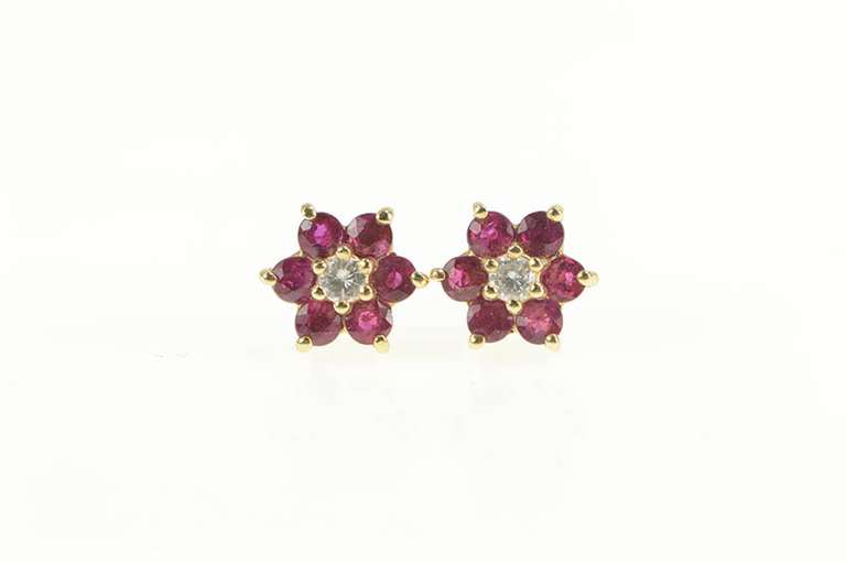 14K Yellow Gold Diamond Ruby Flower Halo Cluster Stud Earrings