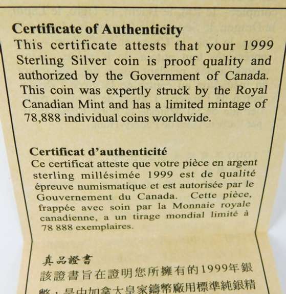 1999 Lunar Coin .925 Silver w/COA