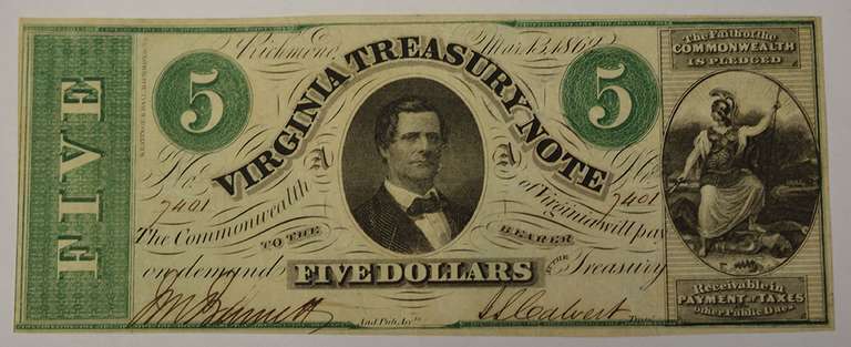 May 13th 1862 $5 Virginia Treasury Note, Circulated.