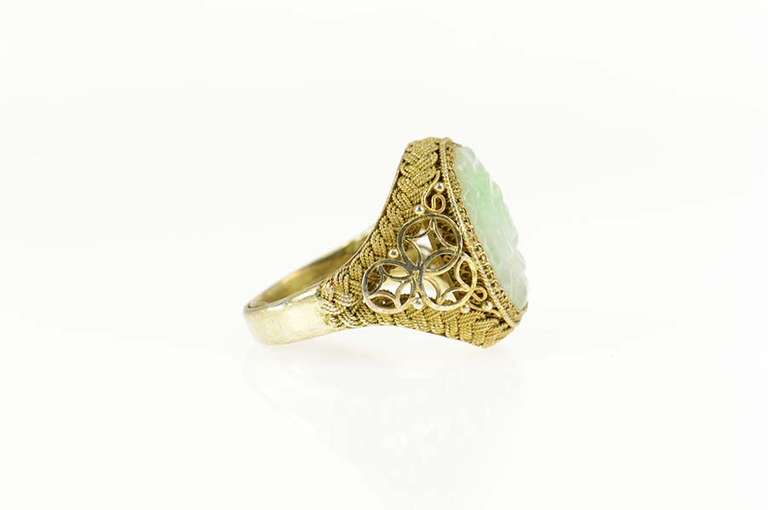 Silver Carved Floral Jade Ornate Woven Filigree Ring