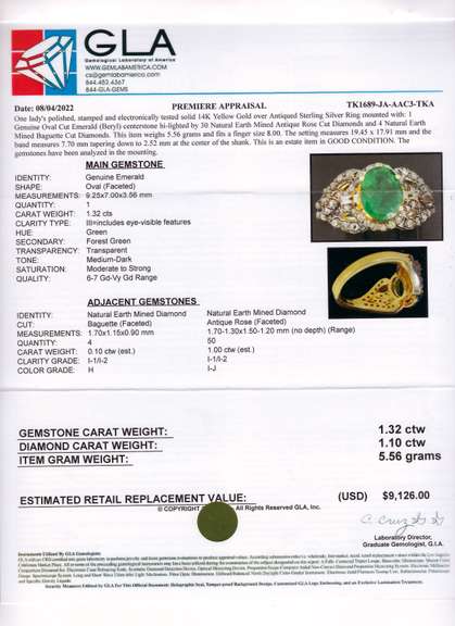Fantastic 1.32CTW Natural Emerald & 1.10CTW Diamond Ring in Gold Plated Sterling Silver