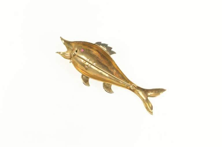 14K Yellow Gold 1930's Diamond Syn. Ruby Eyed Fish Unique Pin/Brooch