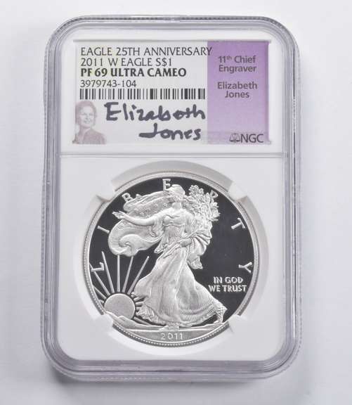 PF69 UCAM 2011-W American Silver Eagle Signed Jones 25th Anniv NGC
