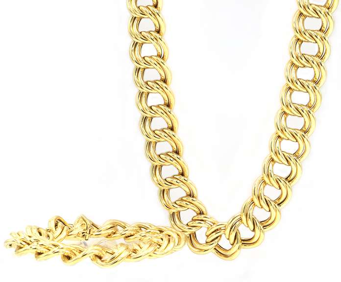 Polished Yellow Gold Double Link Wide Bracelet and Necklace Set