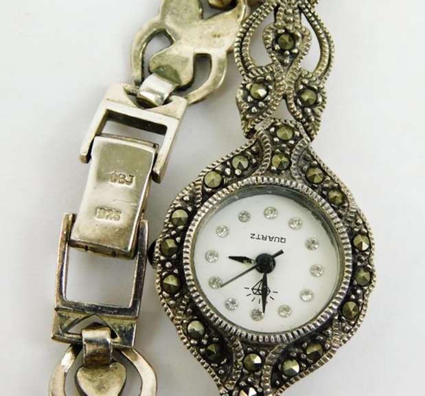 Sterling Silver Marcasite Watch, Runs