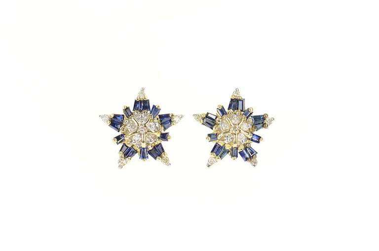 14K Yellow Gold 1.00 Ctw Diamond Sapphire Snow Flake Star Earrings