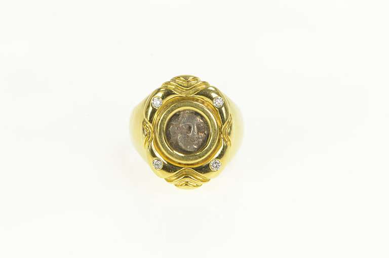 18K Yellow Gold Ornate Diamond Ancient Greek Coin Statement Ring