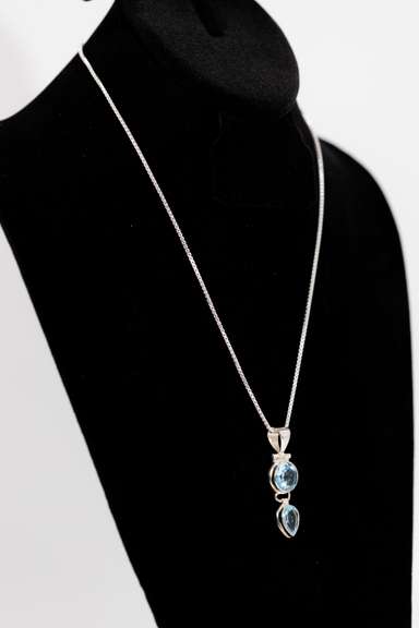 .925 Sterling Silver Pendant w/ Natural Blue Topaz Gem Stones 46mm x 14 mm