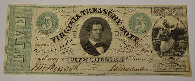 May 13th 1862 $5 Virginia Treasury Note, Circulated.