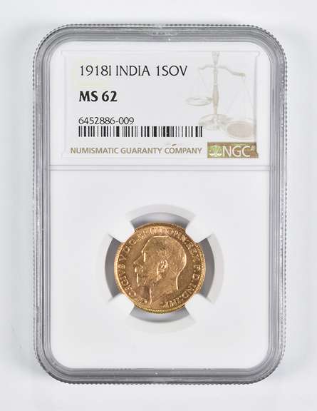 MS62 1918-I India 1 Sovereign Gold Coin NGC