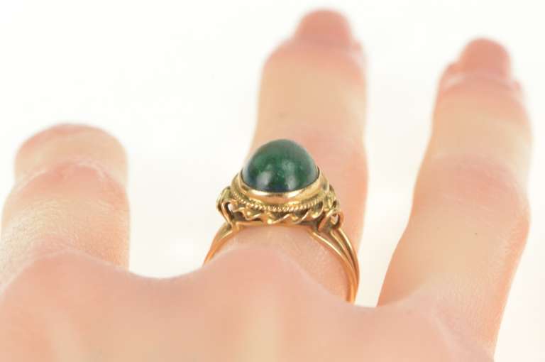 14K Yellow Gold Retro Oval Chrysocolla Cabochon Twist Trim Ring