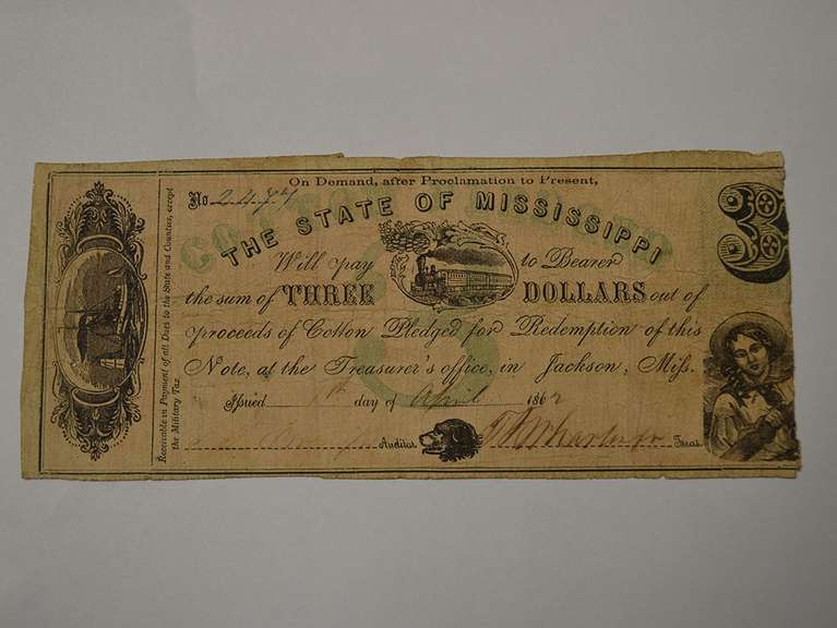 April 1st 1862 State Of Mississippi $3 Obsolete Note, Circulated.
