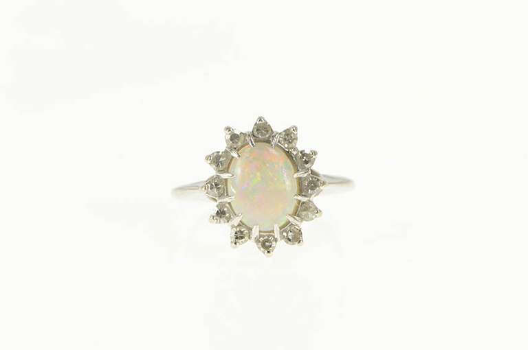 14K White Gold 1.25 Ctw Natural Opal Diamond Halo Statement Ring
