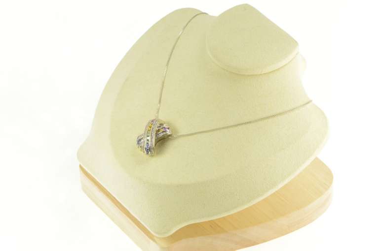 14K White Gold 1.33 Ctw Natural Sapphire Rainbow Diamond X Pendant