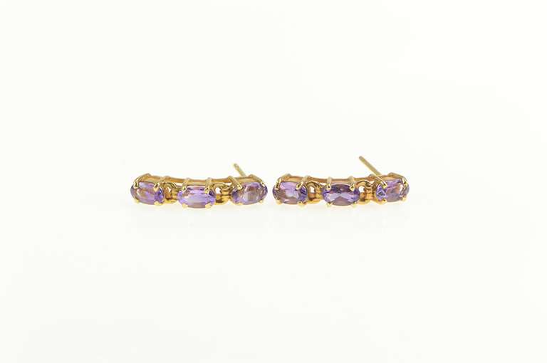 14K Yellow Gold Three Stone Oval Amethyst Curved Bar Earrings