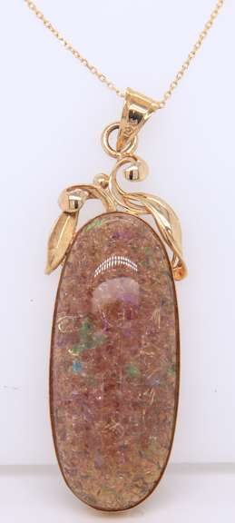Formal Yellow Gold Brown Opalesca Stone Pendant on Chain